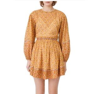 🧡💛NWT💛🧡 Maje ORANGE Risso Floral Long Sleeve Back Tie Cotton Voile Dress40